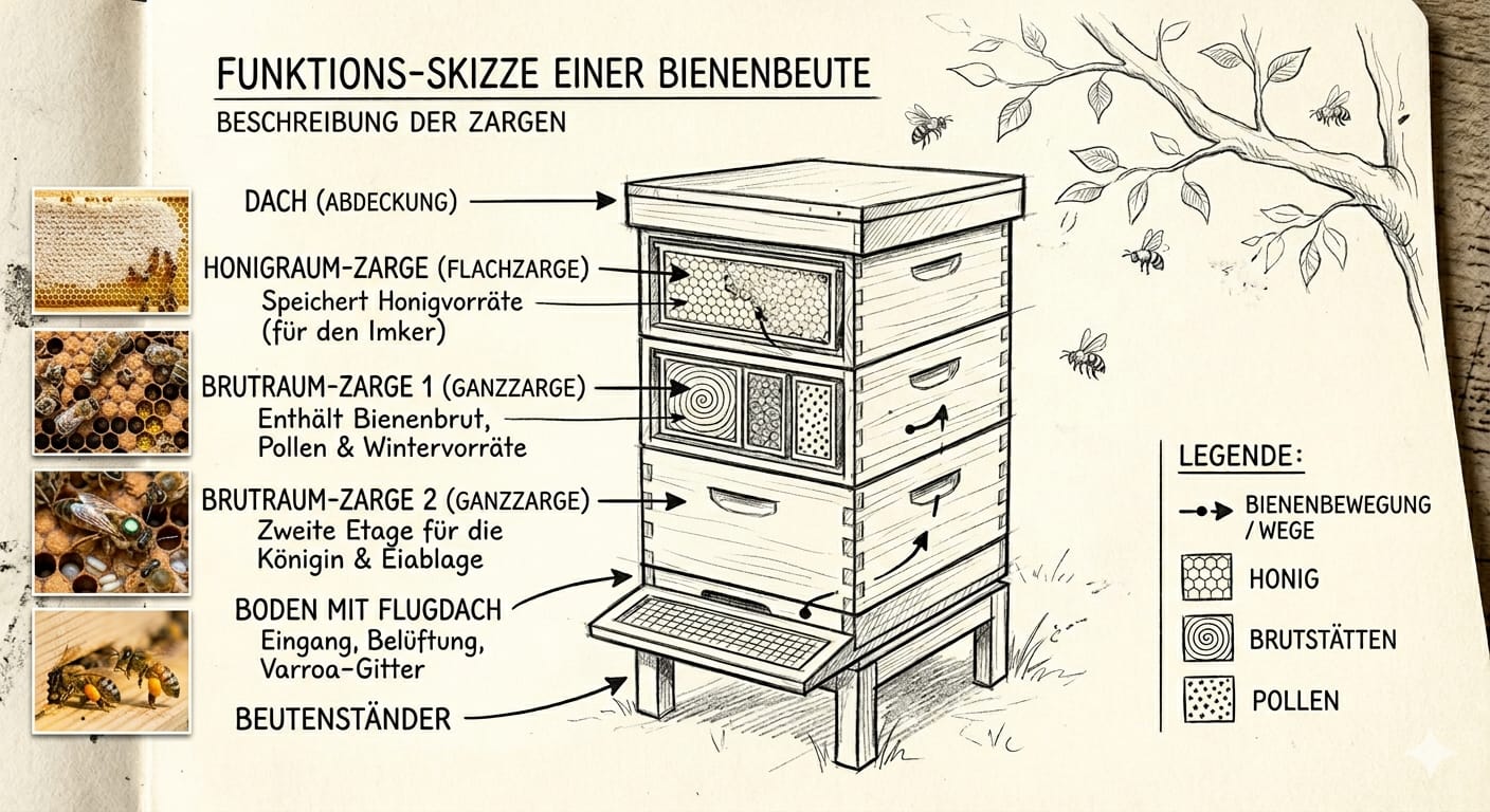 Funktions-Skizze einer Bienenbeute – Beschriftung aller Zargen und Bauteile